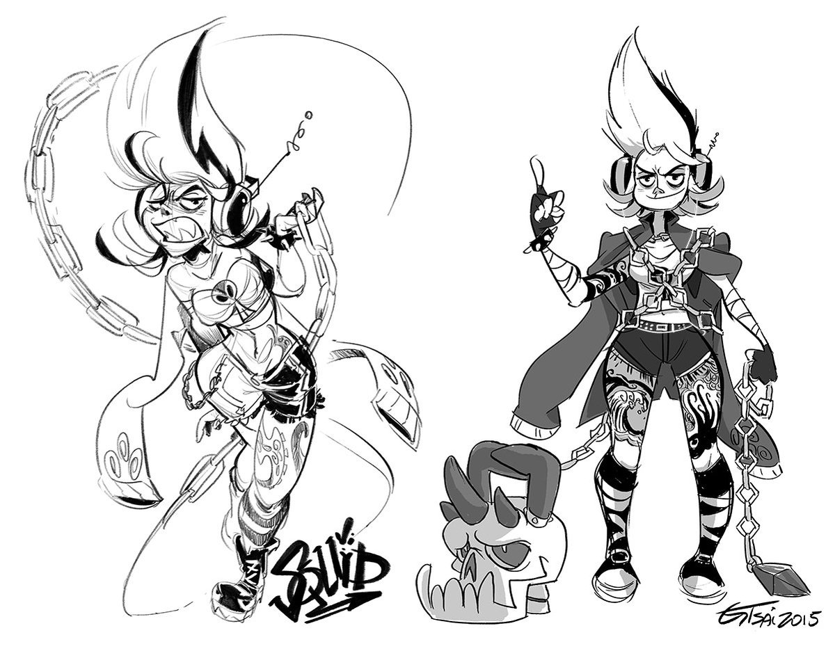 CherryHijinx's tweet photo. WIP rough model sheet for a simplified #Squid I did back in June I never posted! Some of these expressions need to be pushed more. Her main weapon is actually a chain around her wrist and her sentient padlock pal you'll see in the older rough concepts here. #CherryHijinx https://t.co/bwZvkGybHB