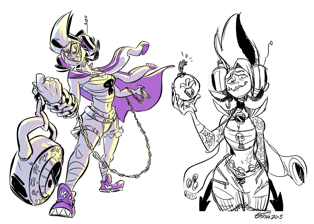 CherryHijinx's tweet photo. WIP rough model sheet for a simplified #Squid I did back in June I never posted! Some of these expressions need to be pushed more. Her main weapon is actually a chain around her wrist and her sentient padlock pal you'll see in the older rough concepts here. #CherryHijinx https://t.co/bwZvkGybHB