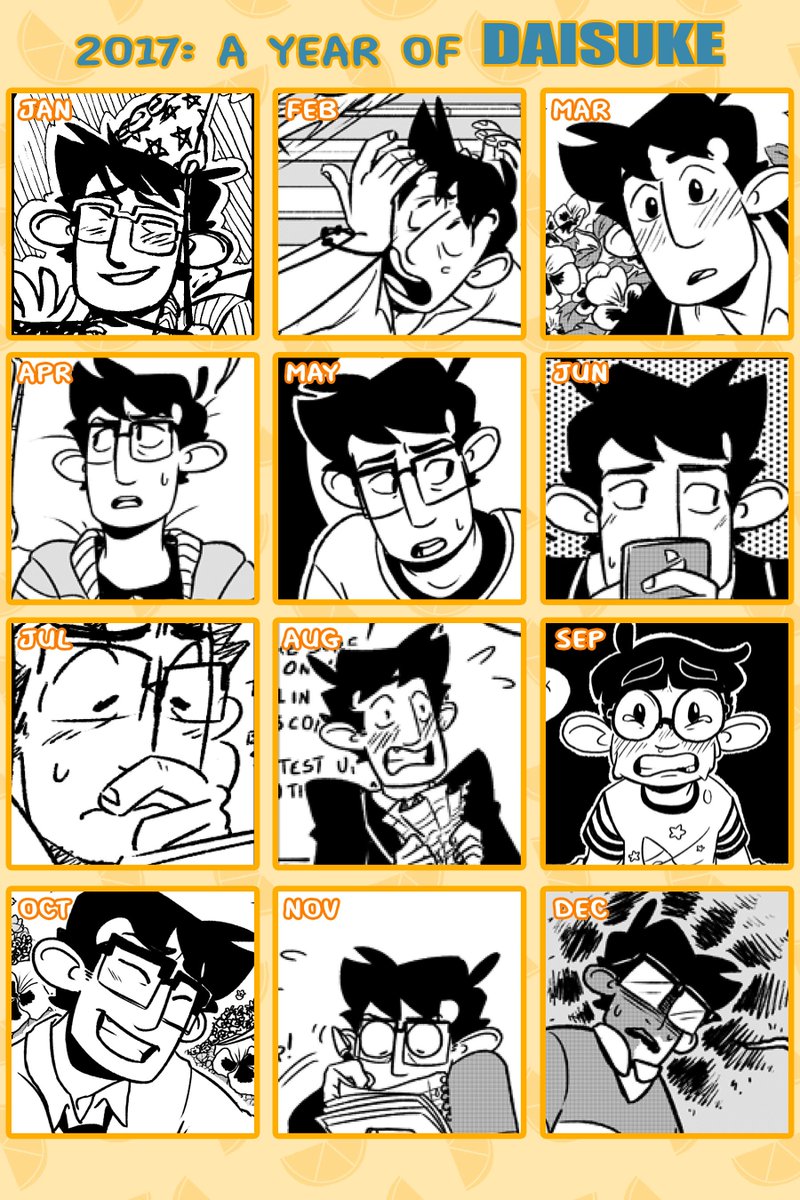 Firehouselight's tweet photo. Let's be honest- there's only one thing I've been drawing this year! A whooole year of Daisuke. Those sure are some uncomfortable faces. #2SlicesComic #Hiveworks #2017summary https://t.co/4H6d5p43vg