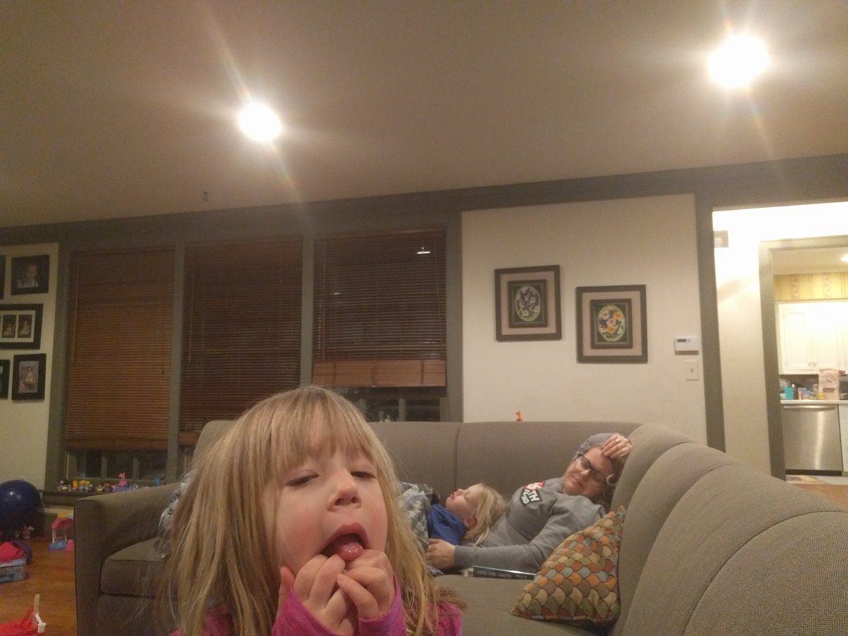 wnm1973's tweet photo. We are almost to midnight... gonna make it.... The rest of the family didn't do so well. #FirstEve2018 https://t.co/AdjQ5FpA8Q