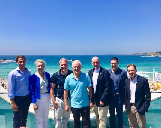 SLSA_President's tweet photo. With Prime Minister Malcolm Turnbull- Health Minister Greg Hunt and Sport Minister Bridget McKenzie and Water Safety Council partners of Surf Life Saving at North Bondi for the announcement of additional Federal Govt Water Safety Funding https://t.co/V95s5S2jP5