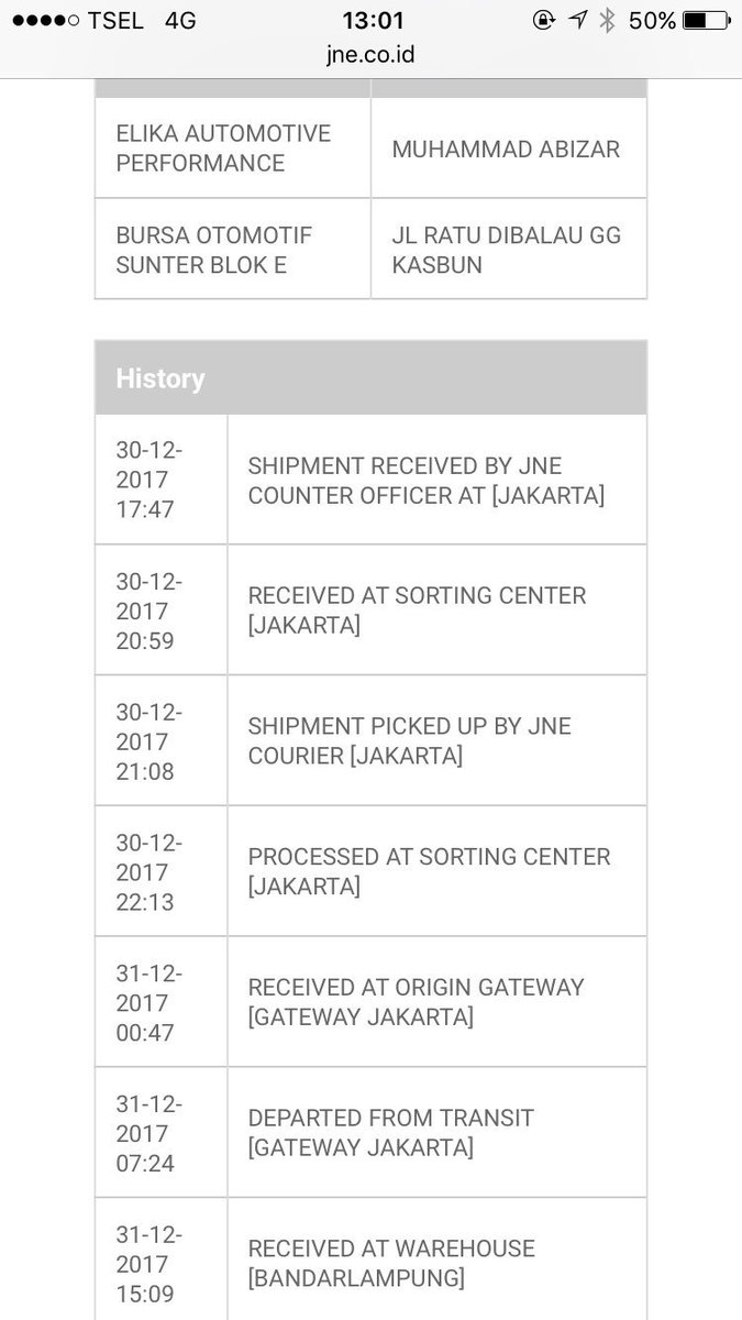 Abizar_M's tweet photo. @JNE_ID Ini status barang pesanan saya, apakah hari ini (tgl 01/01/2018) bisa diterima? Mohon konfirmasi nya, trims 🙏🏻 @JNE_ID https://t.co/fGysGwvz5w
