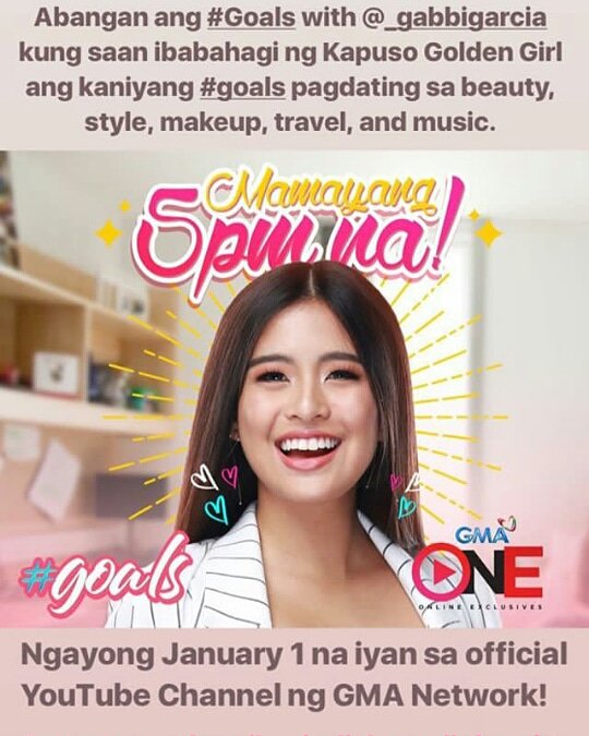 GabbiActivity2's tweet photo. Abangan mamaya 5pm sa official youtube ng Gma Network at ating abangan si @_gabbigarcia Sa kanyang #Goals 
via https://t.co/XCzSY8CByf 

IG' story Isabelbulatao https://t.co/cEKZLPTykK