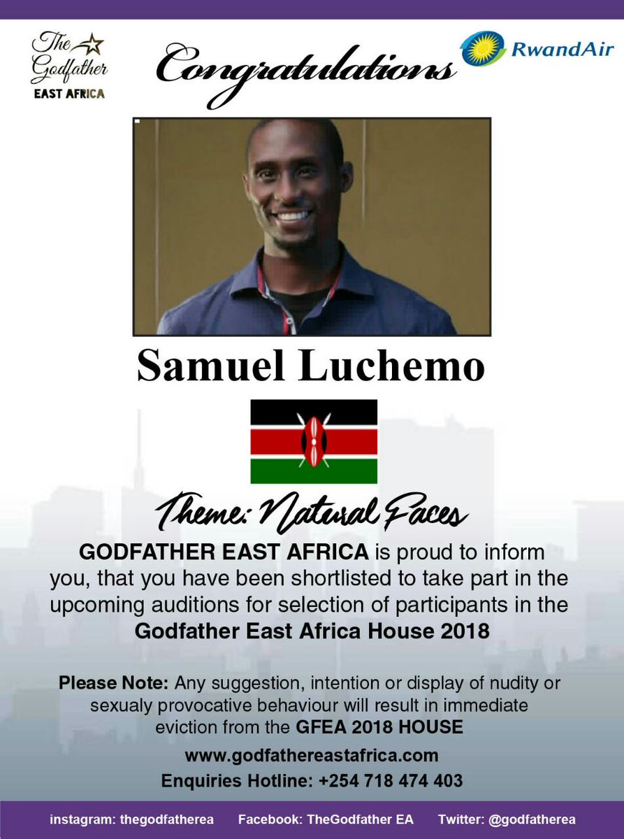 GodFatherEA's tweet photo. The Godfather EA | Worldstar Trademarks International Inc. 2008 | Shortlisted
Samuel Luchemo - From KENYA!
Applications submission: closed.
More details about (Samuel Luchemo) click: https://t.co/fbNMeSH6sA
Official website: https://t.co/IGT4zYRv6y https://t.co/hvpVWX1KzN