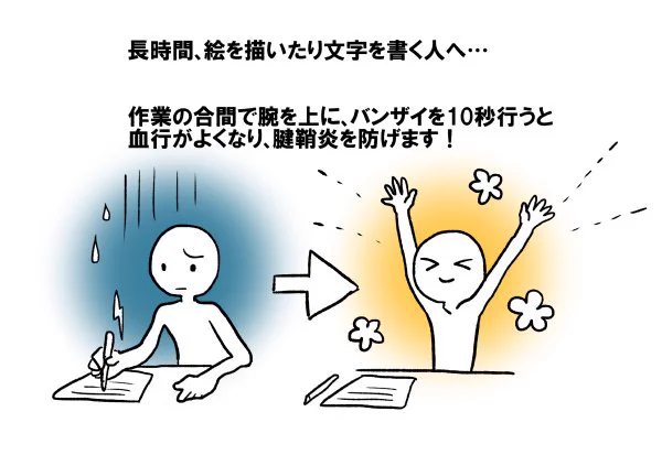 腱鞘炎を防ぐためにもこまめにリラックスしましょう!
作業の合間にやるだけでも効果的ですよ! 