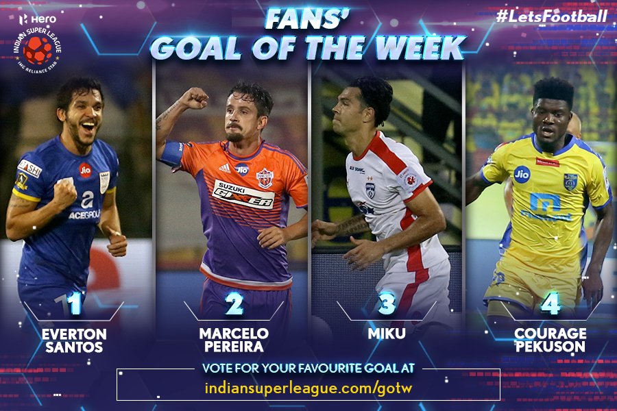 IndSuperLeague's tweet photo. We've picked the four best goals from Week 7! Now, it's your turn to vote for the Fans' Goal of the Week! 

Vote here: https://t.co/qMRDbgUBwS

#LetsFootball #HeroISL https://t.co/wnrd2k87FP