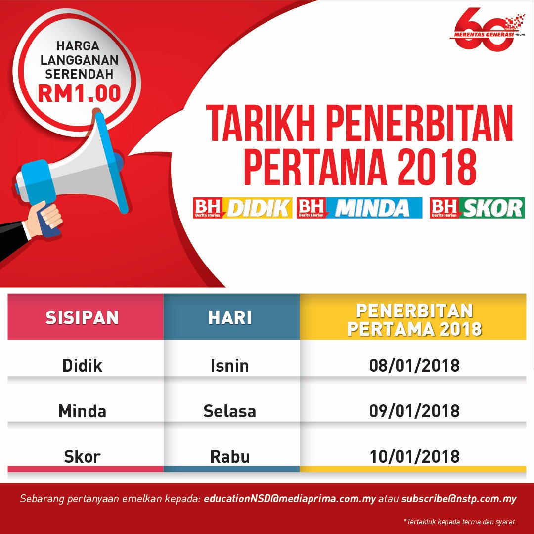 bharianmy's tweet photo. Tarikh penerbitan pertama 2018 sisipan DIDIK, MINDA dan SKOR dalam BH.
#BHPendidikan #BHDidik #BHMinda #BHSkor #BeritaHarian #BH60tahun #MerentasGenerasi #DIDIK #MINDA #SKOR https://t.co/NqQirc1QUG