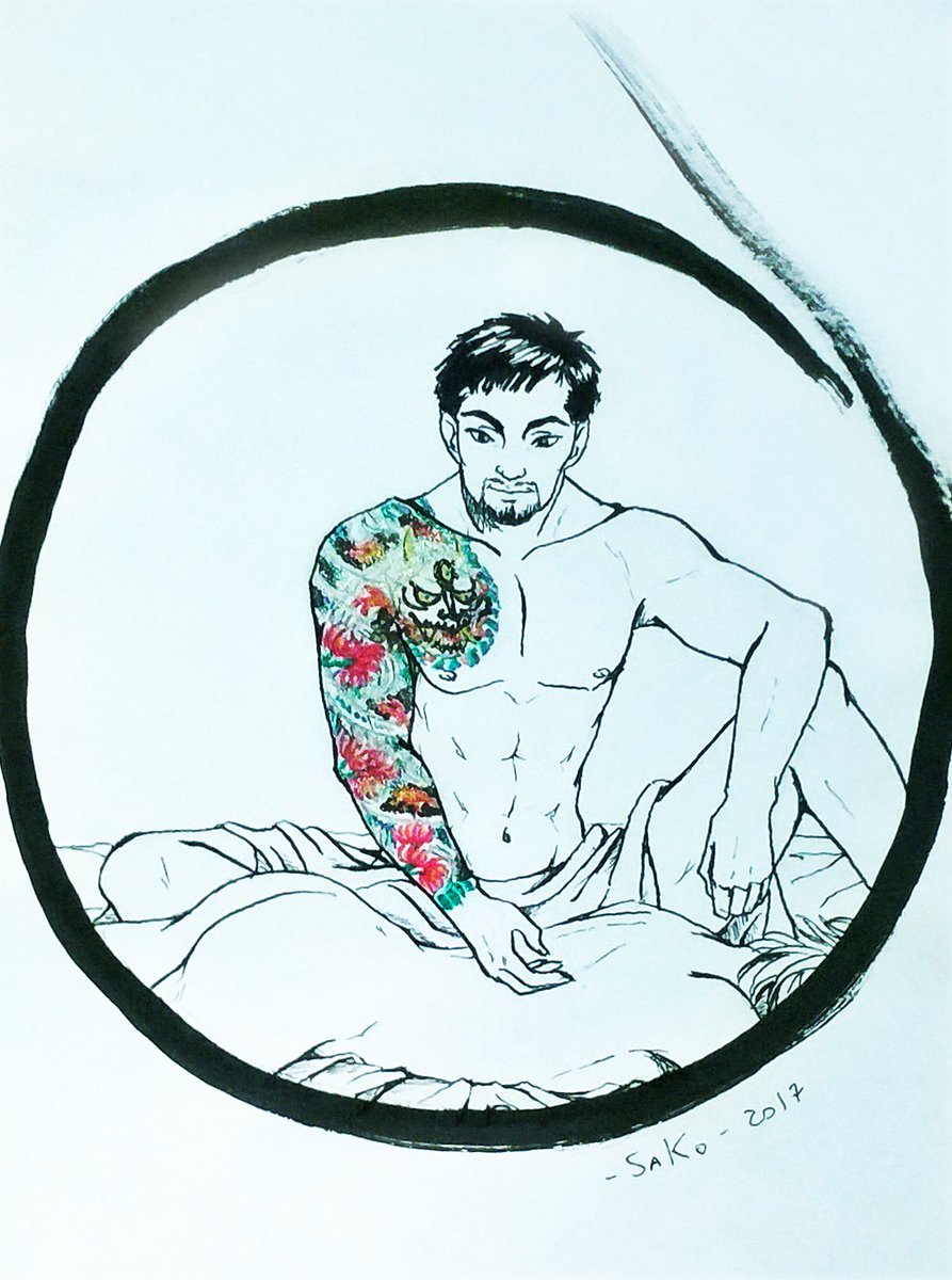 SaKo801BL's tweet photo. #Indecentber #Indecentber2017 #tattoo 😊this is the last drawing. This is our OC,Tomoaki Saito and he is perfect with his tattoo. 👹Happy New Year! 🎆#Indecentberday31 #Yaoi #OC #manga #やおい #漫画 #illustration #イラストレーション #BL漫画 https://t.co/DJVOOB56Lp