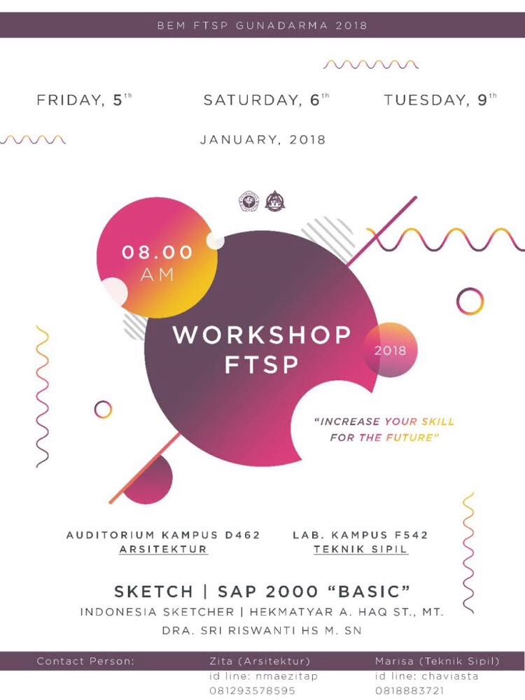 AboutDpk's tweet photo. 1. WORKSHOP SAP 2000 untuk Teknik sipil
📆 :  6 dan 9 Januari 2018
📍 : Laboratorium kampus F542
Mentor : Hekmatyar A Haq ST., MT.

2. WORKSHOP SKETCH untuk Teknik Arsitektur
📆 : 5 Januari 2018
📍 : Auditorium kampus D462
Mentor : Indonesia Sketcher https://t.co/8mMXb3feNW