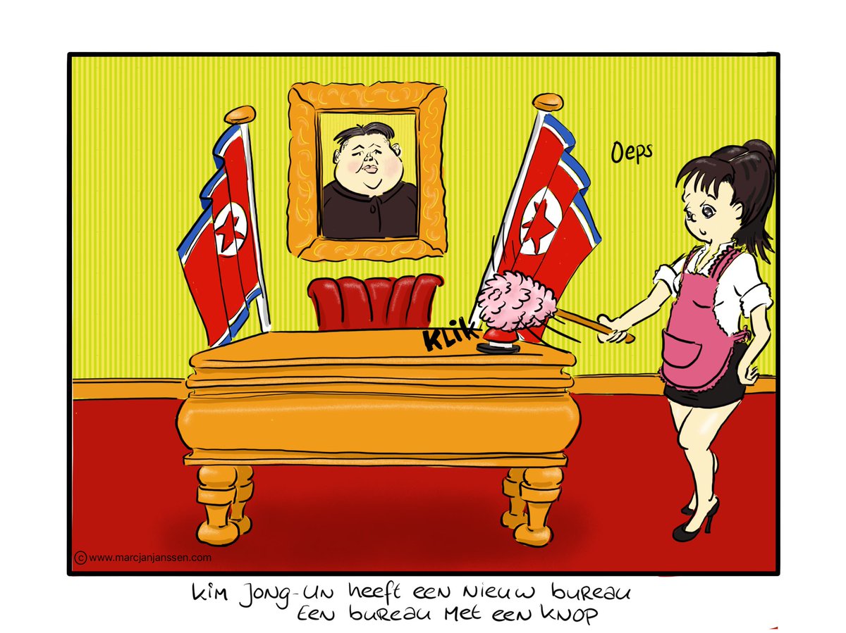 actualiteitjunk's tweet photo. #KimJongUn has got #nukebutton on his desk...
#cartoon van @marcjanjanssen
https://t.co/W2M2qq22tu