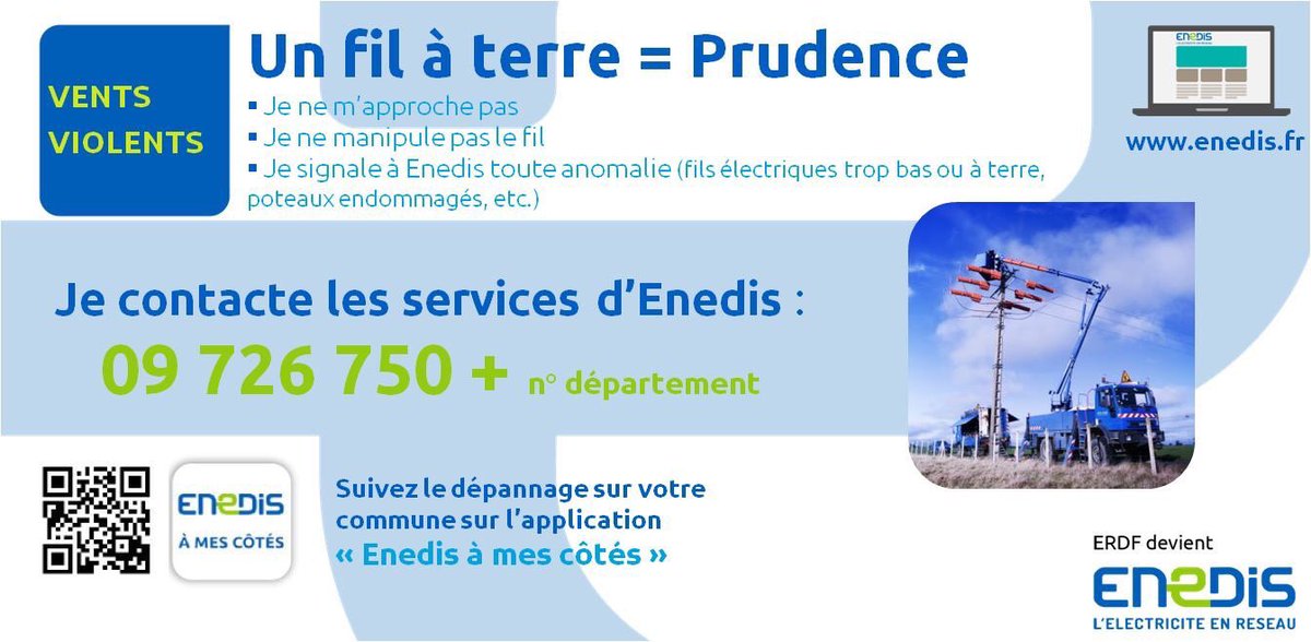 .<a href="/enedis/">Enedis</a> message de sécurité #Tempete #Carmen #RT Grande prudence près des câbles électriques