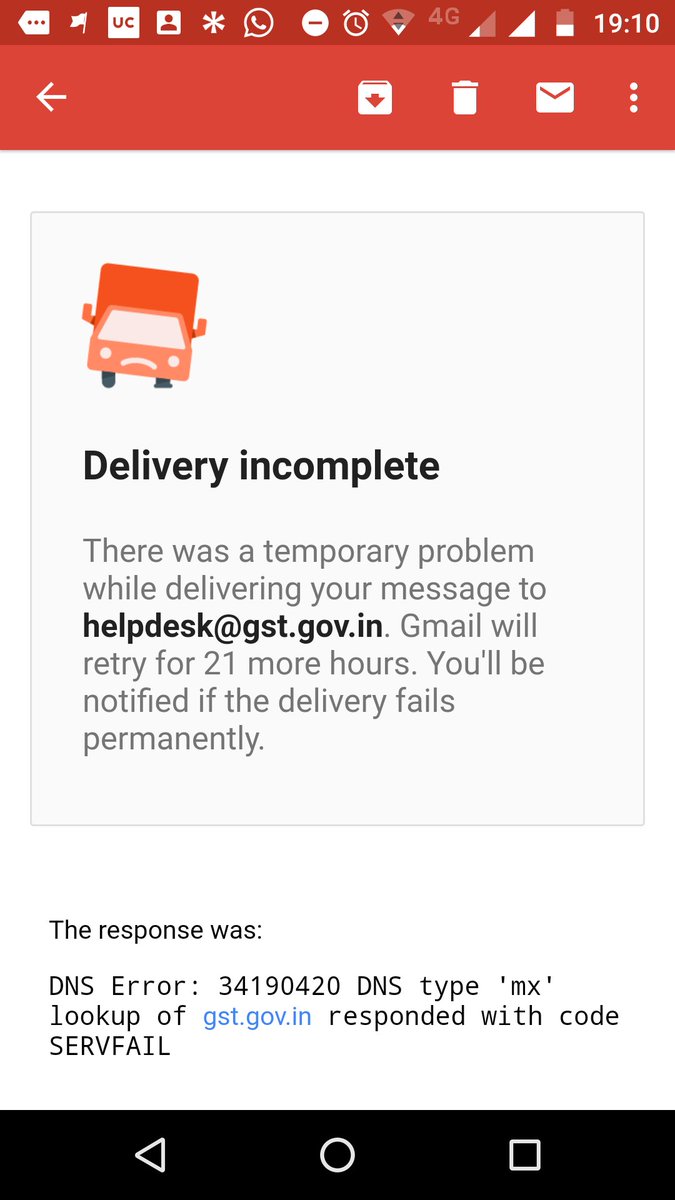 beaconindia's tweet photo. @Google @GoogleIndia emails sent from Gmail and Gsuite to helpdesk@gst.gov.in failing due to DNS error 34190240 SERVFAIL, a DNS look up does show valid entries error for a few days now ... https://t.co/i1u5ylxFKu