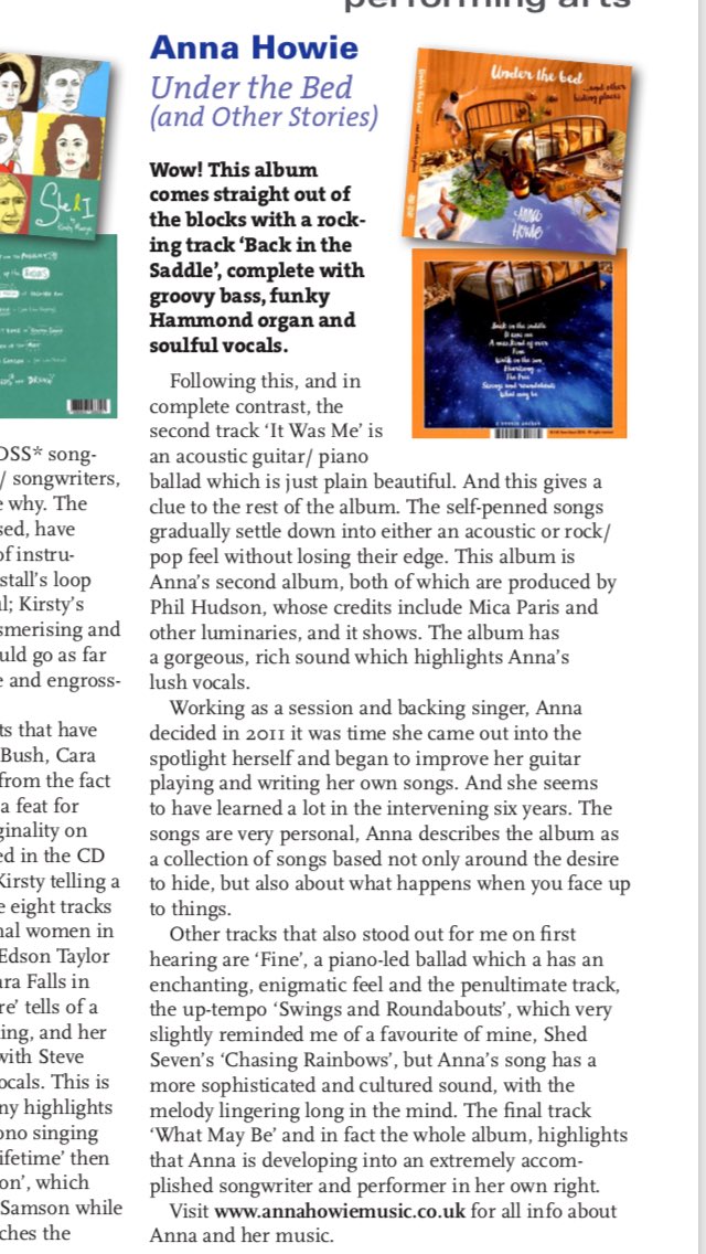 annahowiemusic's tweet photo. Lovely review of my album - in their winter issue out next week thank you @ingenuemagazine #SingerSongwriter #underthebed#album#review https://t.co/xN3XybSk8M