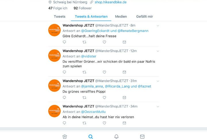Wenn man vergisst von seinem Firmen auf den Privat Account zu schalten und trotzdem Nazikacke von sich gibt, kann man schon mal pleite gehen. “Hoffe ich“
@WanderShopJETZT wir haben ein Problem , ein braunes Problem.