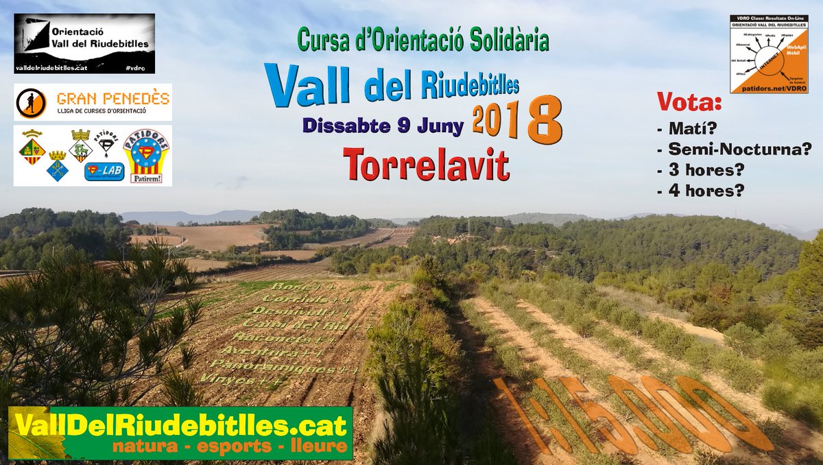 PatidorsCE's tweet photo. Feliç Any #2018...
Estem preparant un Mapa #OrienteeringGame #VallDelRiudebitlles #Penedès #enoturisme #Orienteering ESPECTACULAR... per aquest motiu, us demanem la vostra opinió per a preparar una Gran Cursa a... #Torrelavit #catalunya #catalonia
#Vota:
https://t.co/aiFCP9mRtA https://t.co/YpfEqnlUrJ