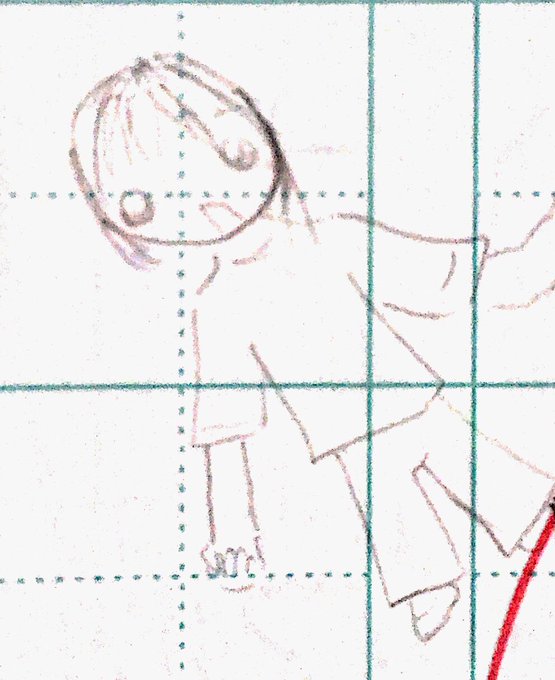 @note
適当なノートに書いたおかげで奇跡的に残っている第一作目、持てる力を振り絞って描いた等身大(のつもり)の女の子だよ。マス目と実年齢は一致しないよ 