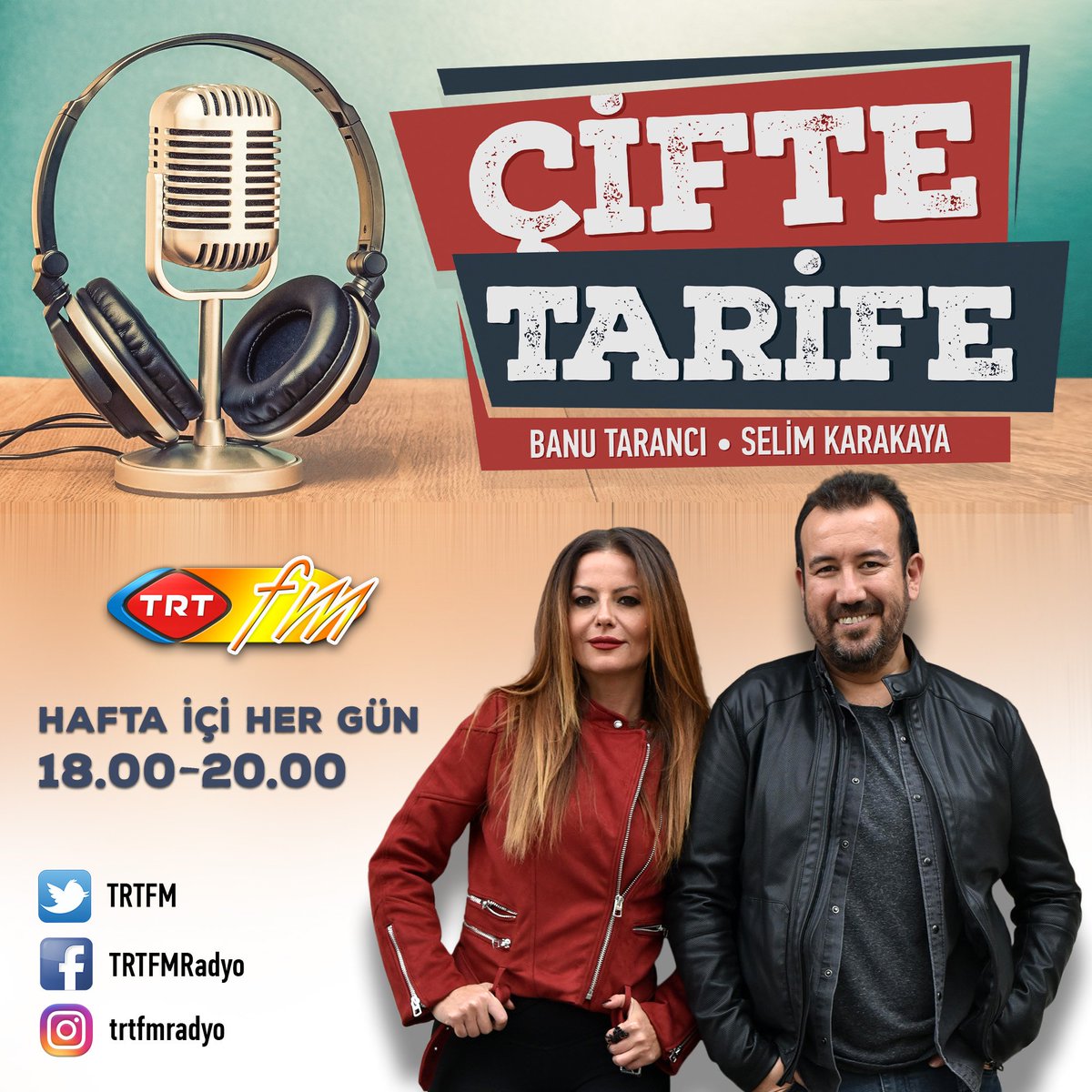 Çifte Tarife ile 2018'de hafta içi her gün 18:00-20:00 saatleri arasında TRT FM'deyiz!
Programda TRT FM'in kurumsal hesaplarını kullanacağız. Paylaşımlarınızı bekliyoruz. :)

Facebook.com/TRTFMRadyo
Instagram.com/TRTFMRadyo
Twitter.com/TRTFM