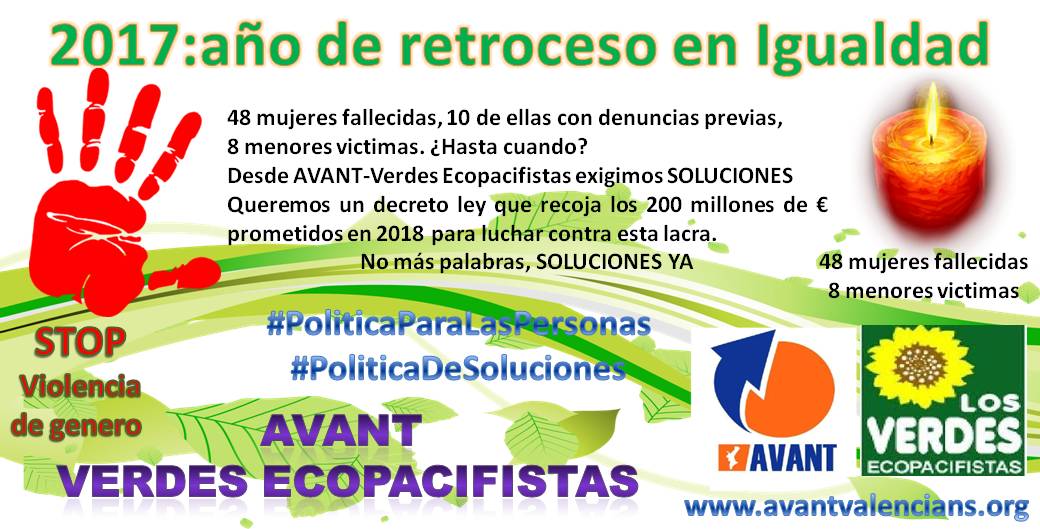 AvantValencians's tweet image. Este 2019 os queremos vivas, Ni una víctima más. SOLUCIONES y no más palabras. Exigimos un Decreto Ley que consigne presupuesto a luchar contra esta lacra. @AvantValencians @AvantCeuta @AvantCastellon @ValenciaAvant @AlacantAvant @LosVerdesEco
#PoliticaDeSoluciones