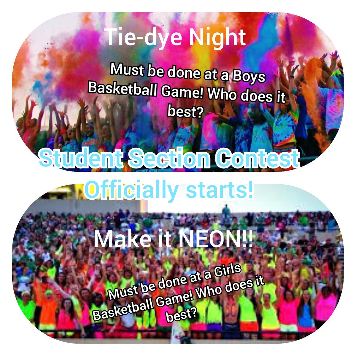 **Battle of the student sections** Each Tuesday I will post a new theme for that week. At some point either at home or on the road, you need to rock it! Show your school pride and have fun!
Pictures must be tweeted at me or sent to me to qualify for next month's voting! #Week1