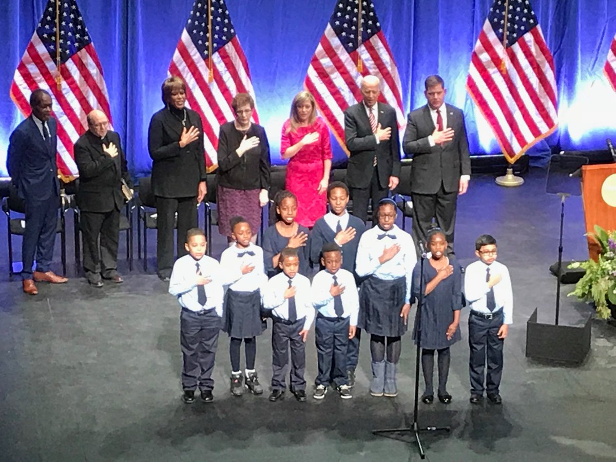 BostonSchools's tweet photo. Ellis Elementary students recite the Pledge of Allegiance at @Marty_walsh inauguration ceremony. Great job! (That’s @JoeBiden behind them, BTW) https://t.co/GjRetxyRPz