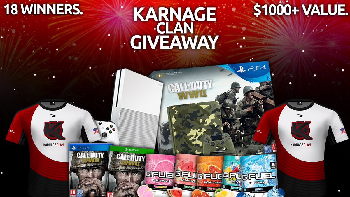🚨 KARNAGE CLAN 2018 GIVEAWAY 🚨
 
18 Winners. $1000+ Value 🔥

- PlayStation 4 Slim 1TB
- Xbox One S
- 2 Copies of Call of Duty: World War II
- 6 Tubs of <a href="/GFuelEnergy/">G FUEL®</a> 
- 6 Pairs of <a href="/KontrolFreek/">KontrolFreek</a> 
- 2 KARNAGE Clan Jerseys 

Enter HERE ▶️(gleam.io/7J8An/karnage-…)