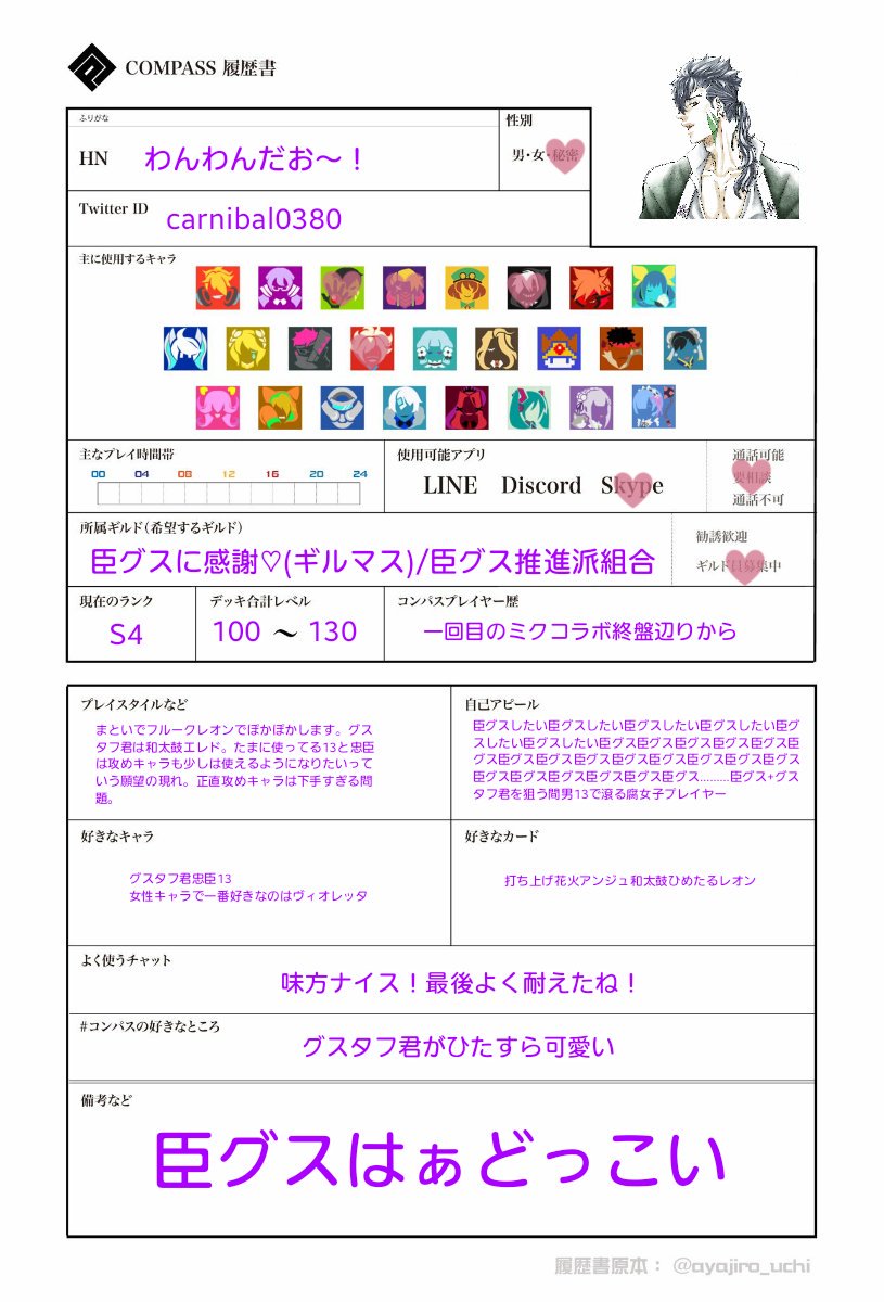 愁奈 臣グス前提13グスも愛でてる臣 グス民です グスタフ君使ってるとわんわんだお で忠臣使ってるとグスタフは我の嫁 13だとグスタフ狙う間男っていう名前 で出撃してます まといがメインだけどまといの名前はまちまち コンパス履歴書 愁奈 臣グス前提13グスも愛でてる臣 グス民です グスタフ君使ってるとわんわんだお で忠臣使ってるとグスタフは我の嫁 13だとグスタフ狙う間男っていう名前 で出撃してます まといがメインだけどまといの名前はまちまち コンパス履歴書