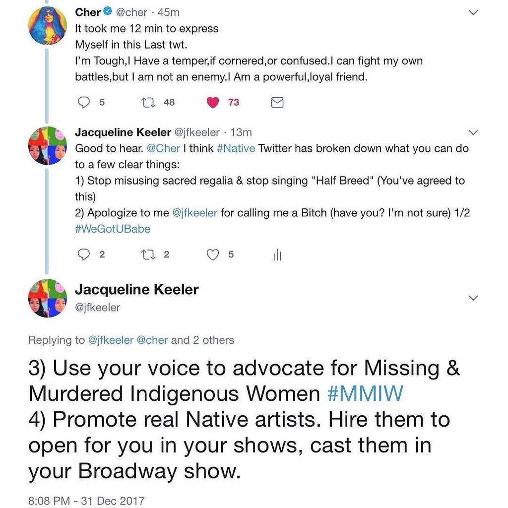 jfkeeler's tweet image. What we asked @Cher to do. #TheList #NativeTwitter #Appropriation #MMIW #InspiredNatives #WeGotUBabe ift.tt/2Czkj0k