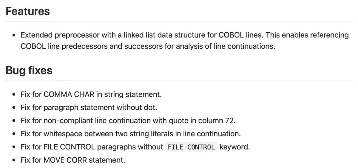proleap_io's tweet photo. ProLeap COBOL parser v2.4.0 is out 🎉: More robust preprocessing for non-compliant line continuations, bug fixes for COBOL dialects. https://t.co/yTqwgFtF9U https://t.co/daKT7J2RV4