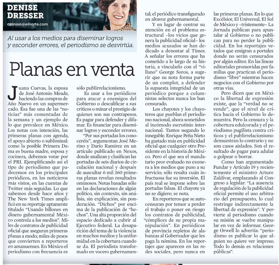 DeniseDresserG's tweet photo. Va mi columna: lo que el reportaje de @nytimes amplificó sobre la prensa en Mx: publicidad oficial q compra planas, distorsiona cobertura, convierte a periodistas en publirelacionistas del gobierno; amanuenses q manipulan en vez de informar.  Tiempo de regular publicidad oficial. https://t.co/8dEvwm08d5