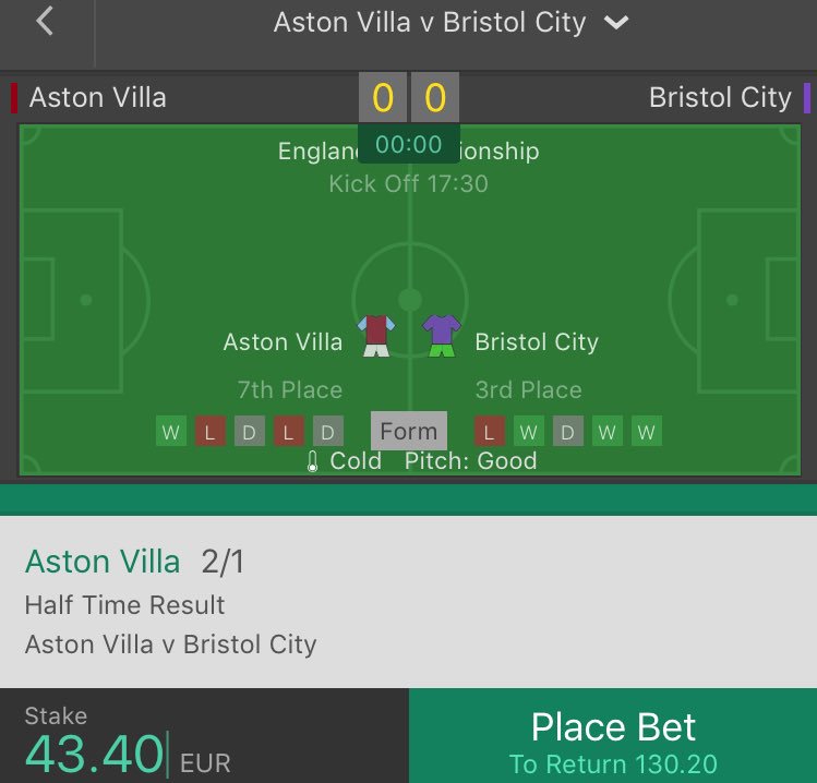 SuperTipsFooty's tweet image. 10£ - 1000£ CHALLENGE! 

BET 3
MATCH: Aston Villa - Bristol City
TIP: Aston Villa to win (HALFTIME)
BET: 43.40£ WIN: 130.20£