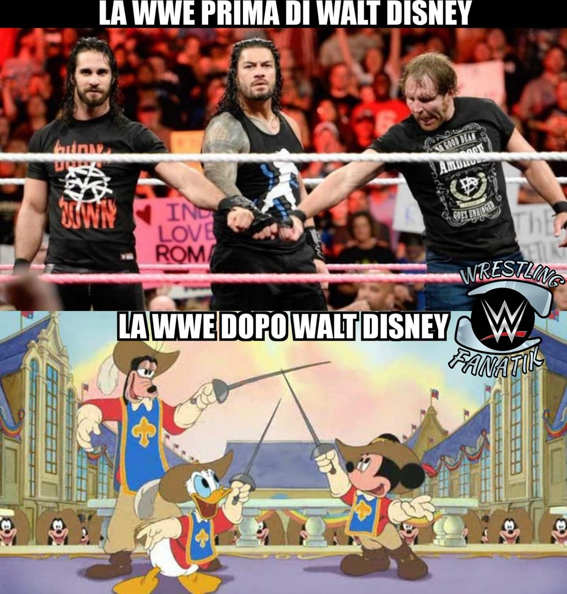 w4fanatik's tweet photo. Sembra che la Walt Disney sia interessata ad acquistare la WWE. Ecco secondo noi un possibile scenario dopo l'acquisto😂 cosa ne pensate?
#waltdisney #wwe #wrestling #wwememes #wrestlingmemes #wrestlingitalia #wweitalia #wrestlingfanatik #tremoschettieri #theshield https://t.co/r6OutdK4Lp