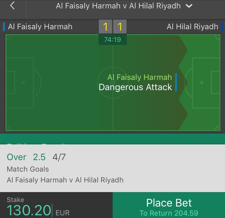 SuperTipsFooty's tweet image. 10£ - 1000£ CHALLENGE! 

BET 4
MATCH: Al Faisaly - Al Hilal
TIP: Over 2.5 Goals (FULLTIME)
BET: 130.20£ WIN: 204.59£