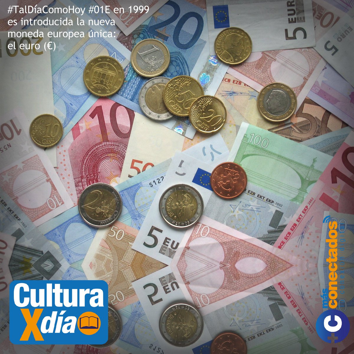 culturaxdia's tweet image. #TalDíaComoHoy #01Ene en 1999 es introducida la nueva moneda europea única: el euro (€), ese día dejaron de existir como sistemas independientes las monedas de los once países de la Unión Europea (UE)