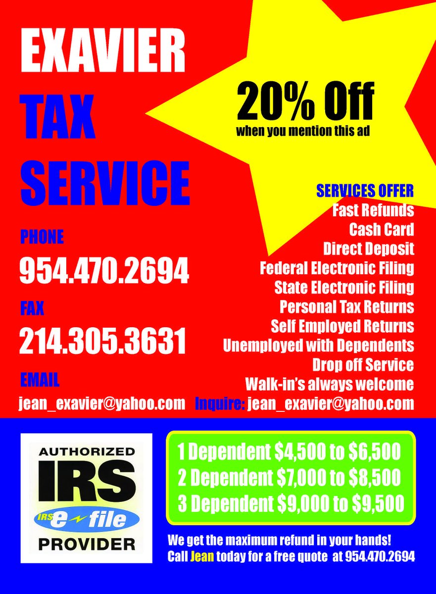 WE GET THE MAXIMUM REFUND IN YOUR HANDS! CALL ME @ 954.470.2694 FOR FREE QUOTE. OUR FEE IS FAIR AND REASONABLE...

Nous obtenons le remboursement maximum entre vos mains! Appelez-moi @ 954.470.2694 pour devis gratuit. Nos frais sont justes et raisonnables ...