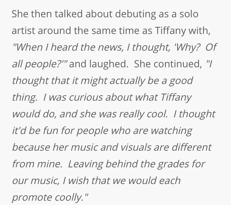 example 1: jessica and tiffanywhen asked about debuting around the same time as tiffany, jessica reportedly said “why? of all people?” angering many fans https://www.allkpop.com/article/2016/06/jessica-didnt-think-shed-sing-again-reveals-her-reaction-to-hearing-about-tiffanys-solo-news#_=_