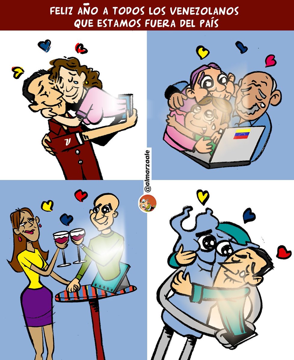 almarzaale's tweet photo. Caricatura @almarzaale.
Lo que nos ha separado la situación de #Venezuela, nos ha unido la tecnología.
 Feliz año a todis los venezolanos que hemos tenido que huir de nuestro amado país. @CaricaturasVe @venezolanoenpie @tyelecologicarq @Mastranta https://t.co/lA8ni26igv