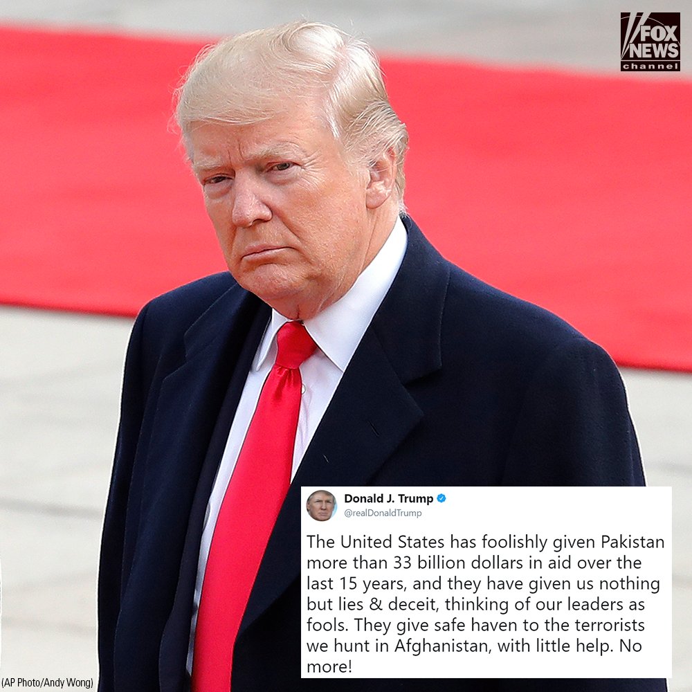 FoxNews's tweet photo. .@POTUS withholding millions in aid to Pakistan, as he accuses country of giving 'safe haven' to terrorists https://t.co/V8RD48Uv4Y https://t.co/OeEK95cfo1