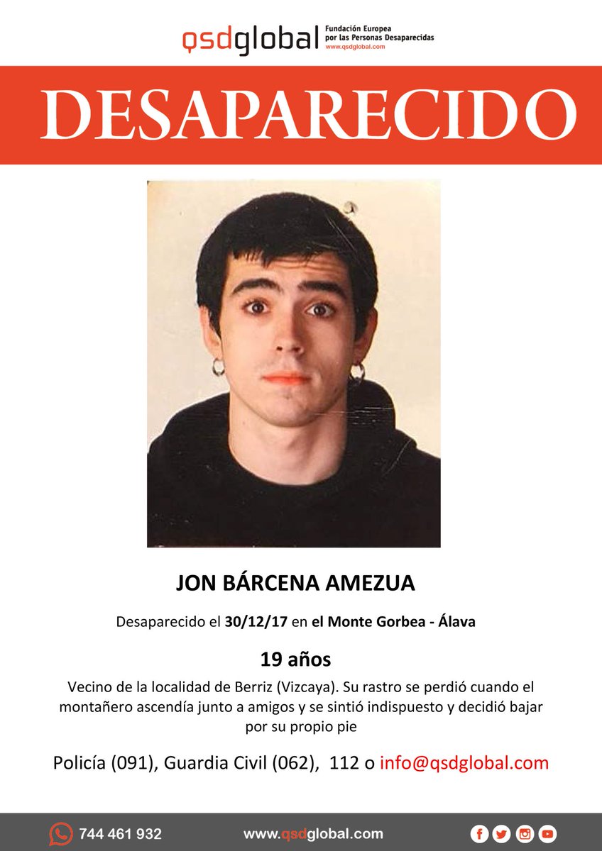 guardiacivil's tweet photo. 🆘Urgente⚠
Este es Jon y ha #desaparecido en el #MonteGorbea #Álava

¿Lo has visto?
☎️062
☎️112
Tu RT no cuesta nada y puede ayudar mucho https://t.co/vooEYR9hI9