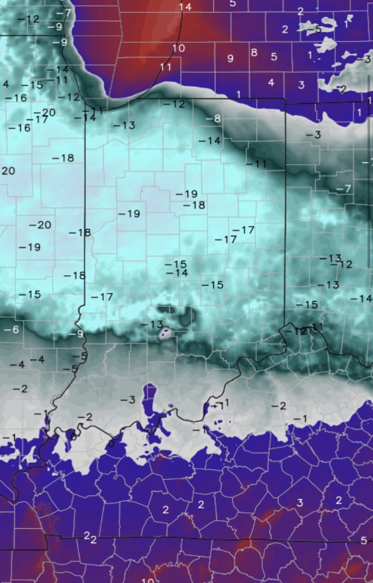 nkitchenswx's tweet photo. Indy has a real chance to break the record low for tonight set 131 years ago of -12. HRRR forecast lows for tonight seem reasonable. #historiccold #INwx https://t.co/BMvseVgrLN