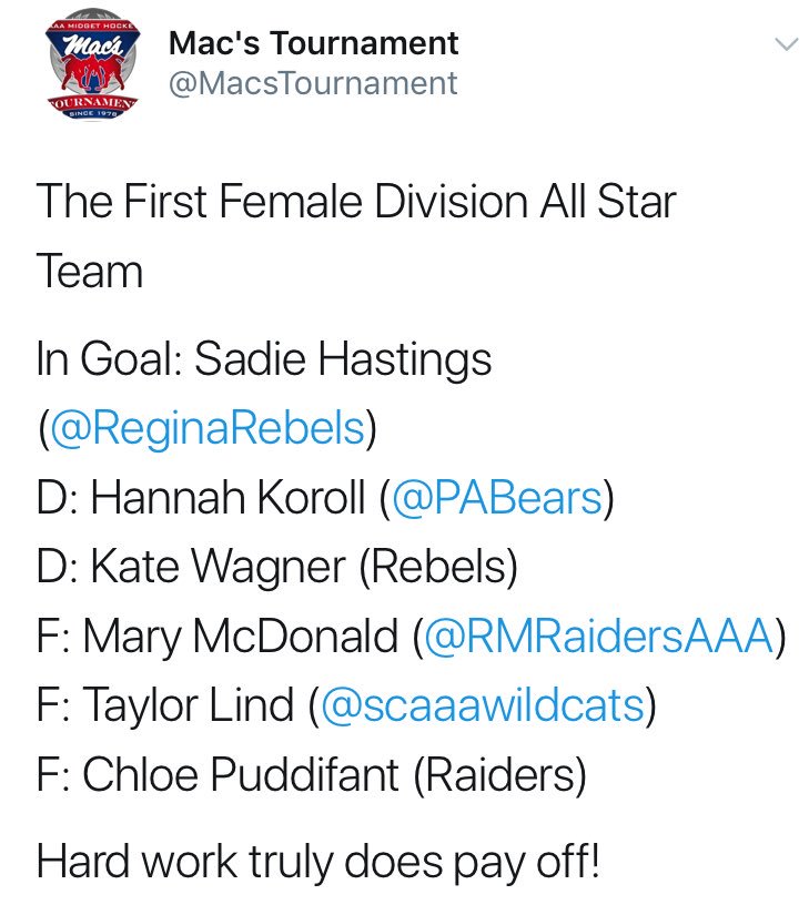 precisehockey's tweet photo. A big round of applause goes out to the @RMRaidersAAA &amp; #preciseplayers @megdyer16 @isabellapozzi_ @NicoleFry19 for winning the @MacsTournament 2 years in a row! 

Special shoutout also goes to #preciseplayer @isabellapozzi_ for making the @MacsTournament Female All Star Team! https://t.co/Sk7BfIebEH