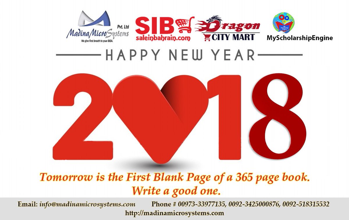 madinamicrosys's tweet photo. Happy New Year: Tomorrow is the First Blank Page of a 365 page book. Write a good one.
#happynewyear #newyear #madinamicrosystems #pakistanmenu #myscholarshipengine #myscholarship #education #scholarships #freescholarships #pakistan #dragoncitymart #bahrain #saleinbahrain #sib https://t.co/ucpU20b33g