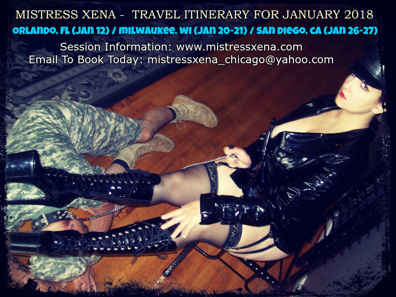 Xena Romanova on X: January 2018 Itinerary -> Orlando, Milwaukee, and San  Diego. Session Information is found @ t.cofExLTNMAS1 Email to book  today: mistressxena_chicago@yahoo.com #femdom #femdomme #dominatrix  #mistressxena #mistress #bdsm ...