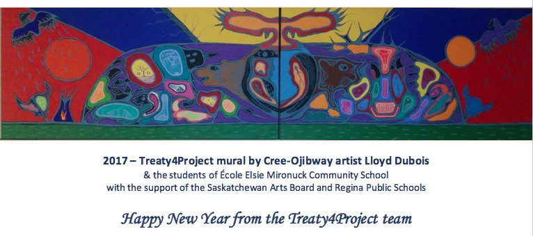Treaty4Project's tweet photo. Happy New Year from the @Treaty4Project team. Special thank you to Life Speaker Noel Starblanket (teaching and guidance), artist Lloyd Dubois @FNUNIVCAN @saskartsboard @RegPublicSchool @URFacofEd #Treaty4Project #ProjetTraité4 #TreatyEducation https://t.co/3OzLyyK2XW