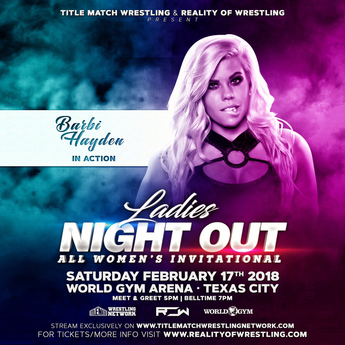 TitleMatchWN's tweet photo. BREAKING: Our debut women's show w/ @BookerT5x &amp; @TheOfficialROW is set for Feb 17th! And we're happy to announce our 1st guest for LADIES NIGHT OUT is @BarbiHayden! Barbi has been seen on WWE, TNA &amp; Shine! Pre-order your tickets NOW: https://t.co/MibcVDdwYG https://t.co/xjZ75EYcOL