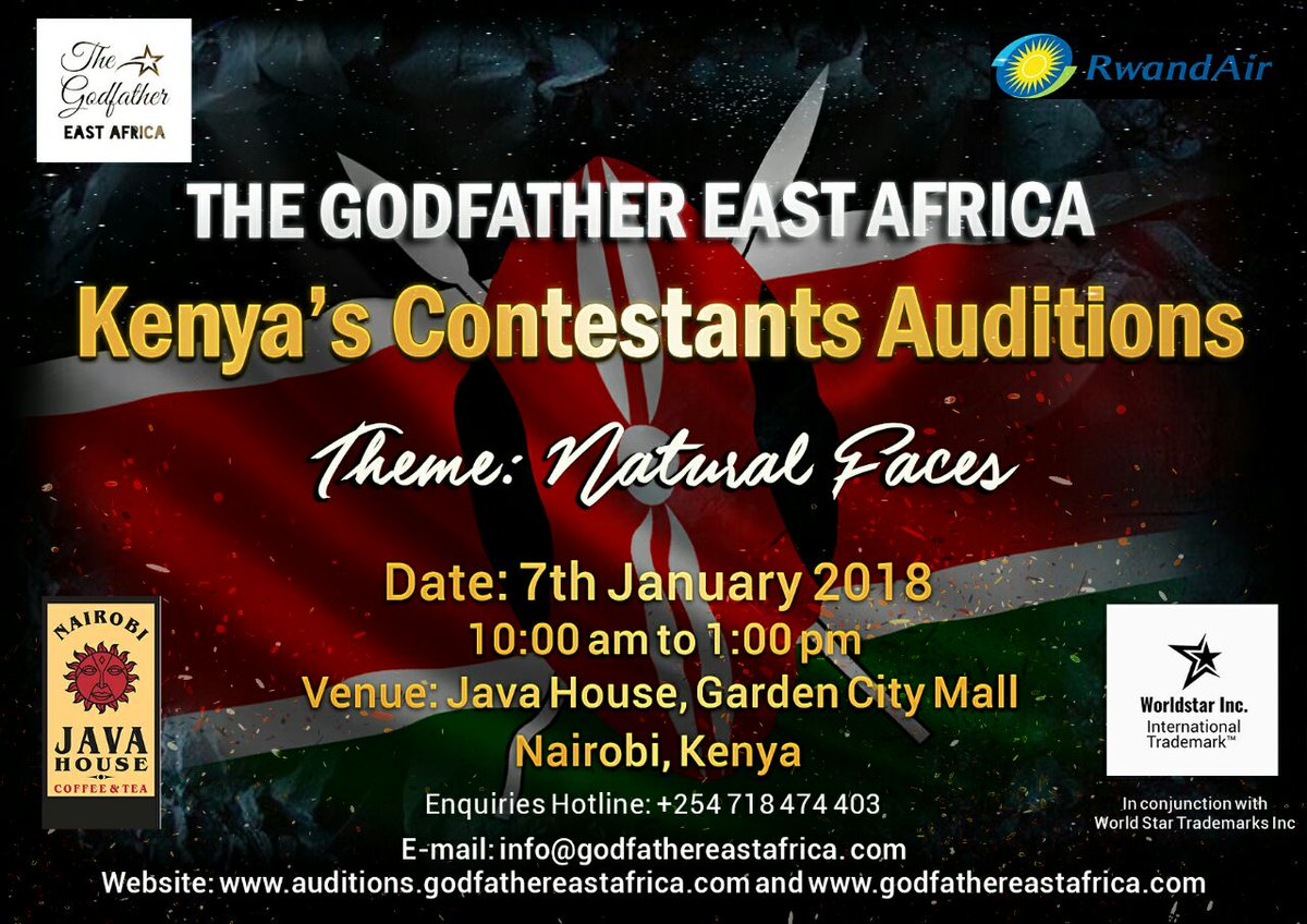 GodFatherEA's tweet photo. Kenya's Contestants Auditions this coming Sunday, 7th, January, 2018 shall be at JAVA House in Garden City (more details: banner) #See: If you've been Shortlisted following this link: https://t.co/pEVT2n2SUu https://t.co/V5YYdAasFT