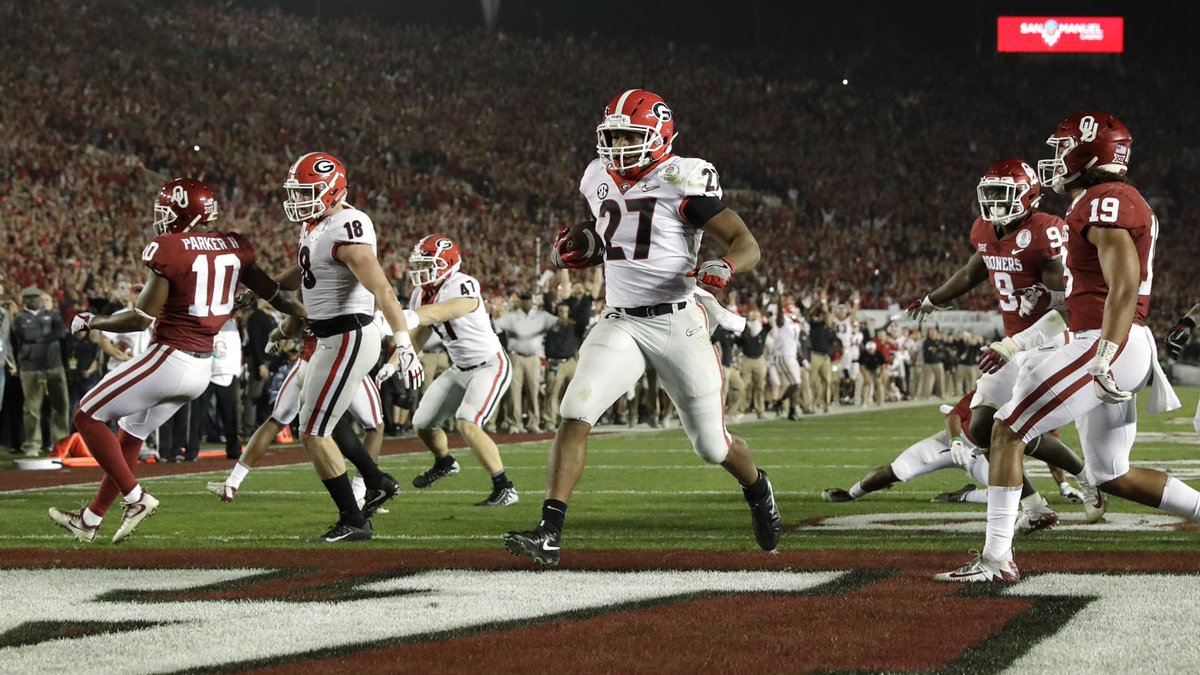 NBCSports's tweet photo. In the highest scoring @rosebowlgame ever, No. 3 @FootballUGA outlasts No. 2 @OU_Football in 2OT, 54-48. #RoseBowl #CFBPlayoff https://t.co/SneTcE7bzr https://t.co/H2I1nabDKa