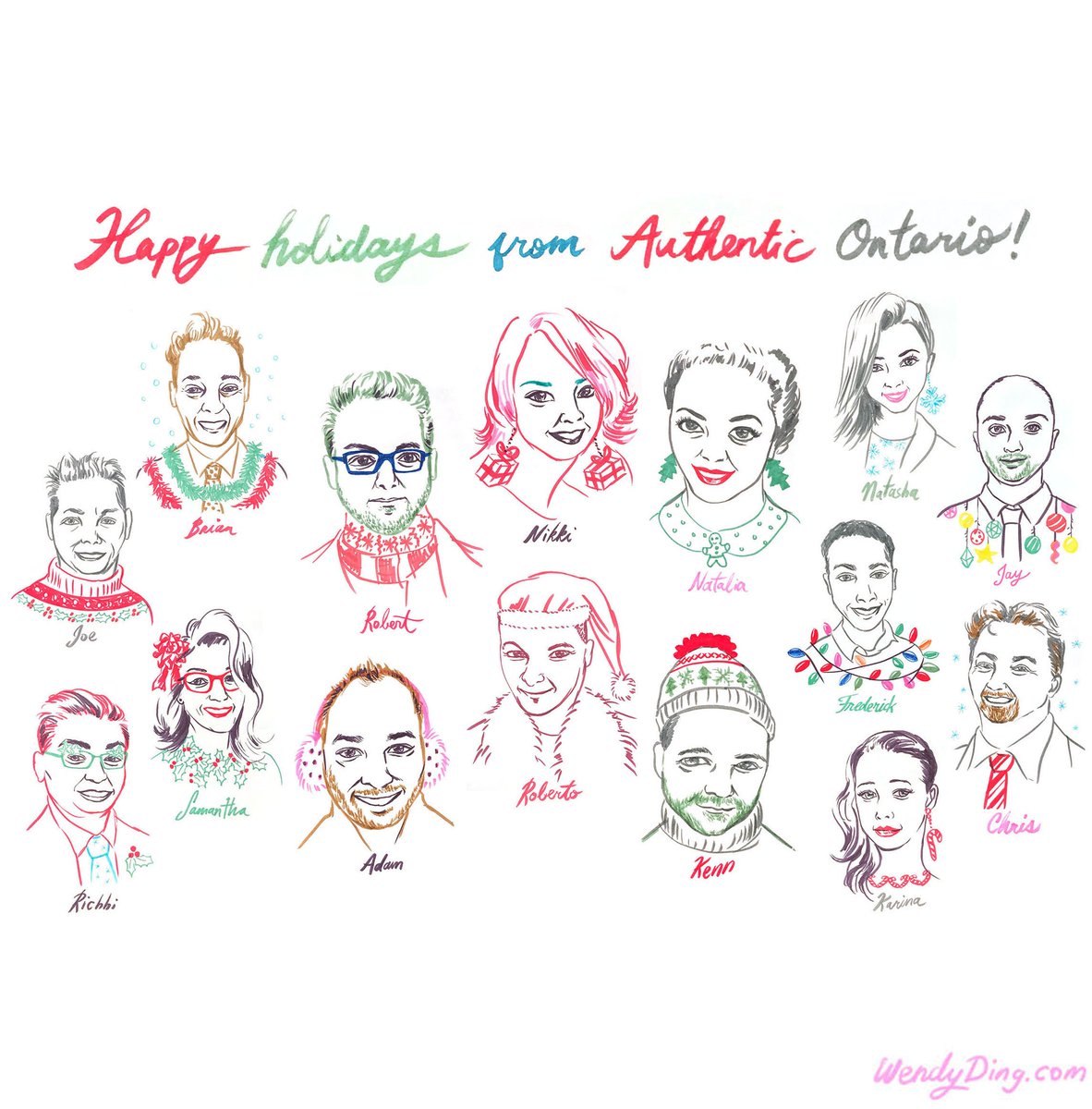 wendyding's tweet photo. Had fun working on this Christmas card for @AuthenticWineON! I captured the team in a festive style #sketch #portraits #brushpen #drawing #torontoillustrator #holidaytheme #christmastheme #holidaycard #christmascard https://t.co/2SZ724KwLY