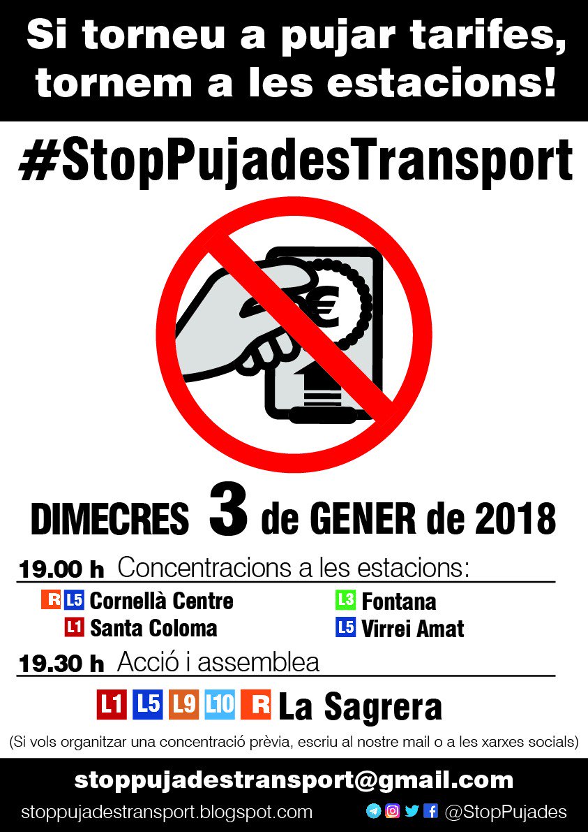 StopPujades's tweet image. 📣 Primeres concentracions prèvies confirmades! 

A les 19.00h a Cornellà Centre, Fontana, Santa Coloma i Virrei Amat i a les 19.30h a la Sagrera.

Si vols organitzar una concentració a la teva parada escriu-nos!
