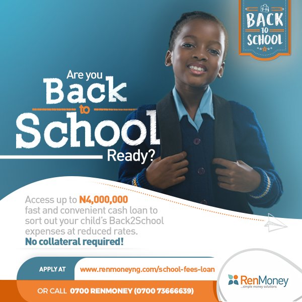Renmoney_ng's tweet photo. It's #Back2School, are you ready?
Get a quick and convenient RenMoney School Fees Loan at reduced rates to get your kids #Back2School early and ready.
No collateral required!
Visit https://t.co/wOJVP3suBz, Call 0700 7366 6639 or WhatsApp 08188889750
Happy New Year #SchoolFeesLoan https://t.co/AGrXL0OVXF