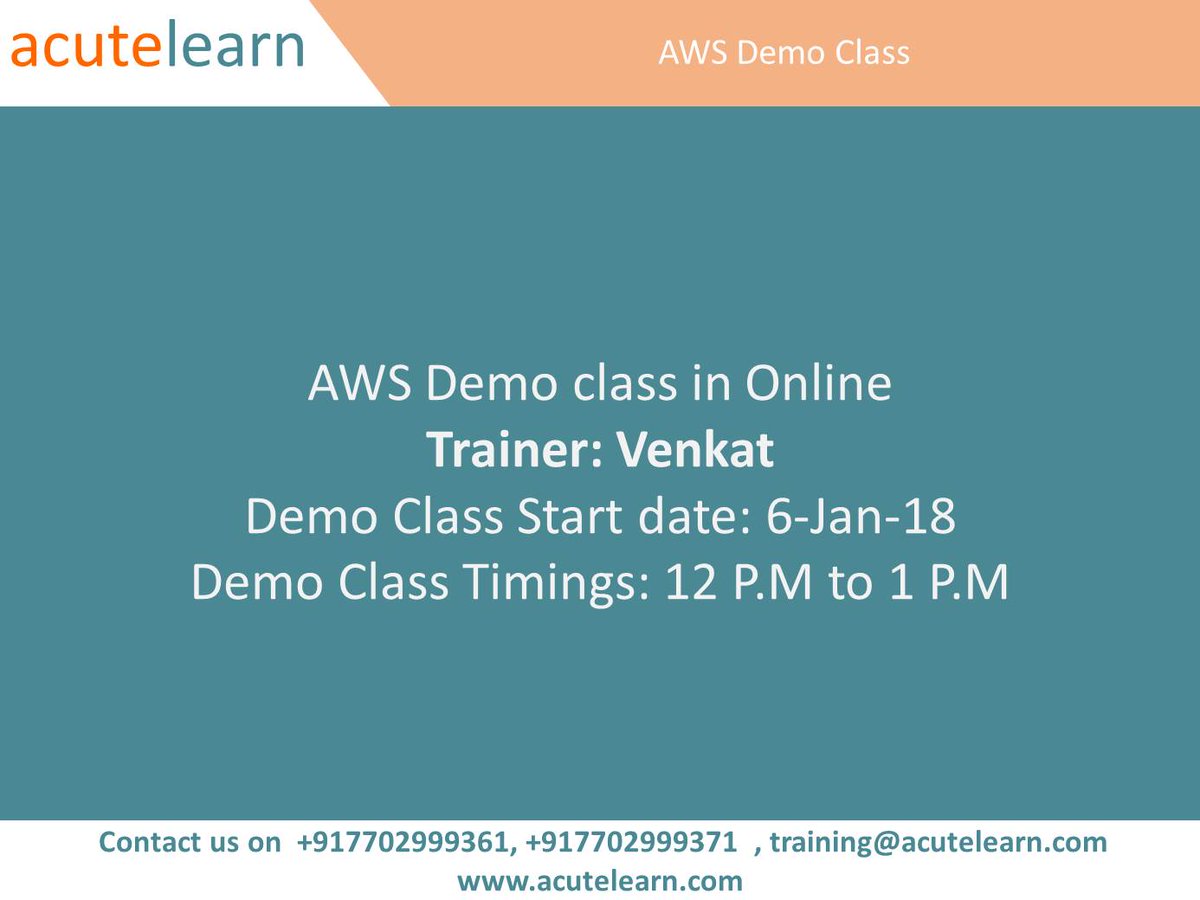 acutelearntech's tweet image. Acutelearn Technologies is one of Best AWS Training Institute in Hyderabad, Which covers Architecting on AWS, and addresses the 
certification AWS Certified Solutions Architect Associate.
AWS course content link: acutelearn.com/Courses/Archit…